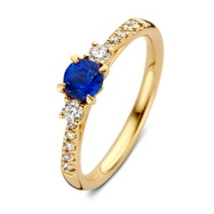 Ring geelgoud briljant + saffier